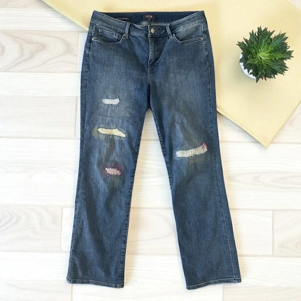 NYDJ Dark Blue Distressed Straight-Leg Jeans with Colorful Patch Details